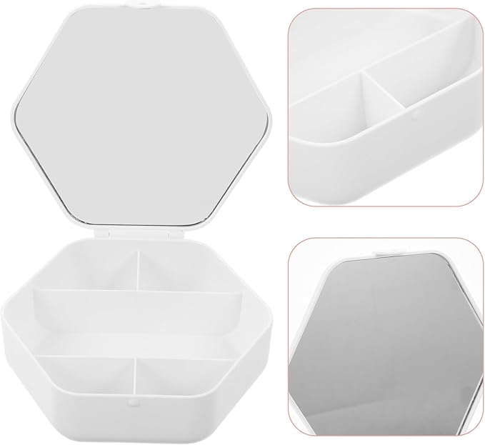 Ipetboom Portable Jewelry Organizer with Mirror Small Hexagon Makeup Storage Box White Travel Jewelry Holder for Women