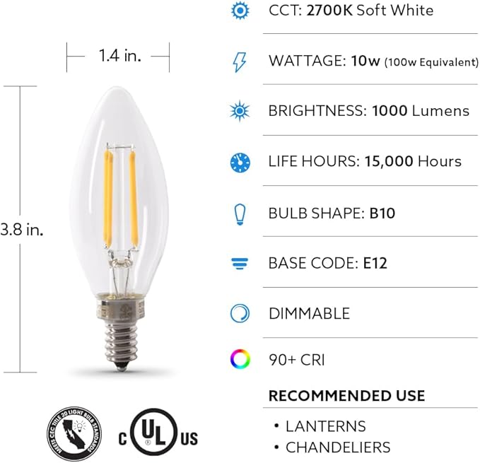 Feit Electric LED Candelabra Light Bulb, 100W Equivalent, Dimmable, E12 Base, 2700K Soft White, B10 Filament Torpedo Tip Decorative Lighting Bulbs, 13-Year Lifetime, BPCTC100927CAFIL/2/6, 12 Pack