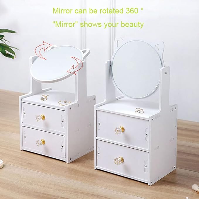 Cosmetic Storage Box for Women, Girls, Desktop Vanity Mirror with Storage Drawer, Large 360° Rotating Vanity Tabletop, Desktop Counter Top Rectangular Makeup Mirror with Stand
