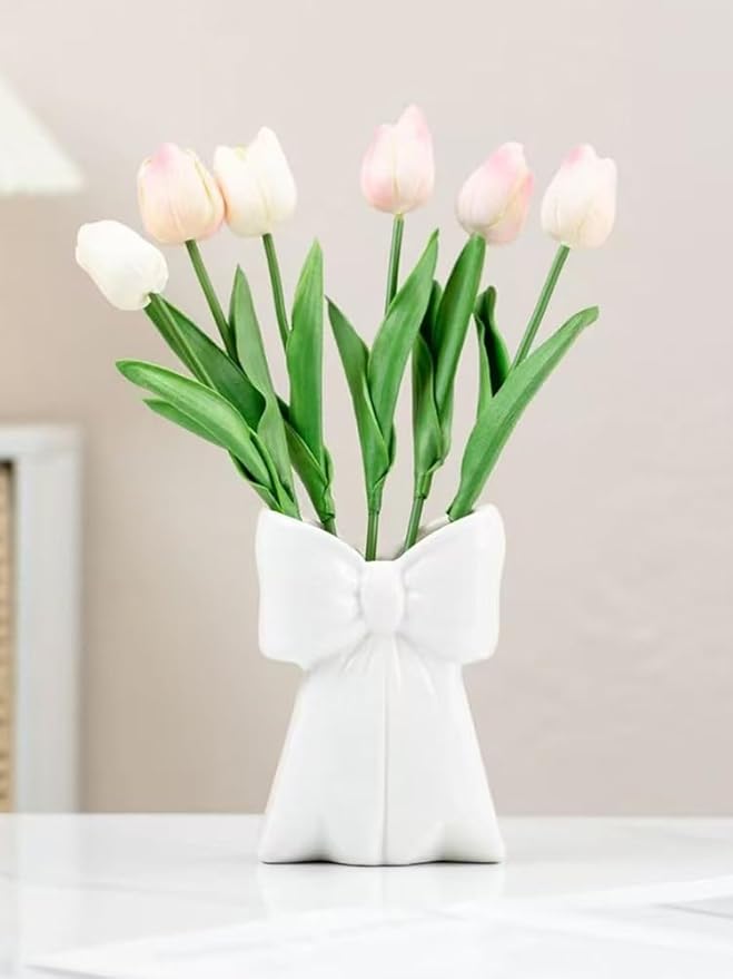 Bow Vase Resin Decorative Small Vase, Pink White Makeup Brush Holder Pen Organizer for Desk, Bathroom Counter Organizer, Home Office Decor Cute Storage White