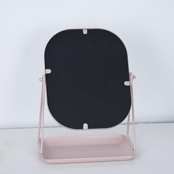 Tstarer Rotating Metal Makeup Mirror with Storage, Vanity Mirror for Desk, Bathroom, Bedroom, Dressing Table (Pink)