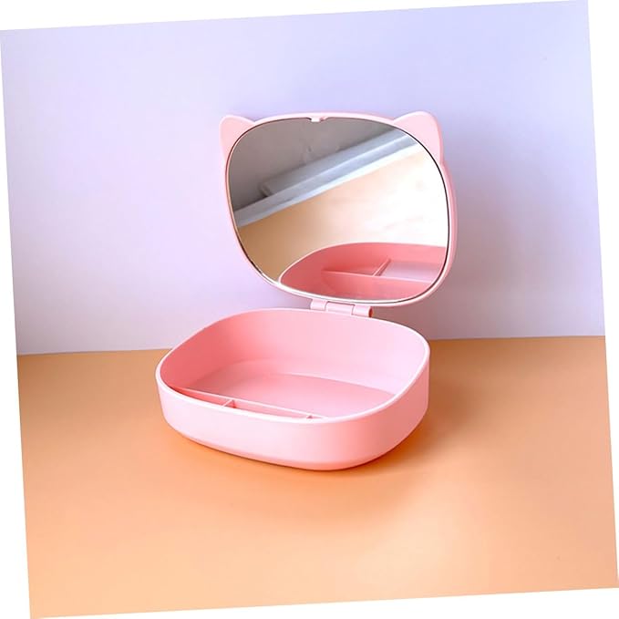 FOMIYES Cartoon Cat Ear Jewelry Storage Box with Mirror Cute DIY Dressing Case for Boys and Girls Portable Makeup Organizer for Necklaces Earrings and Rings