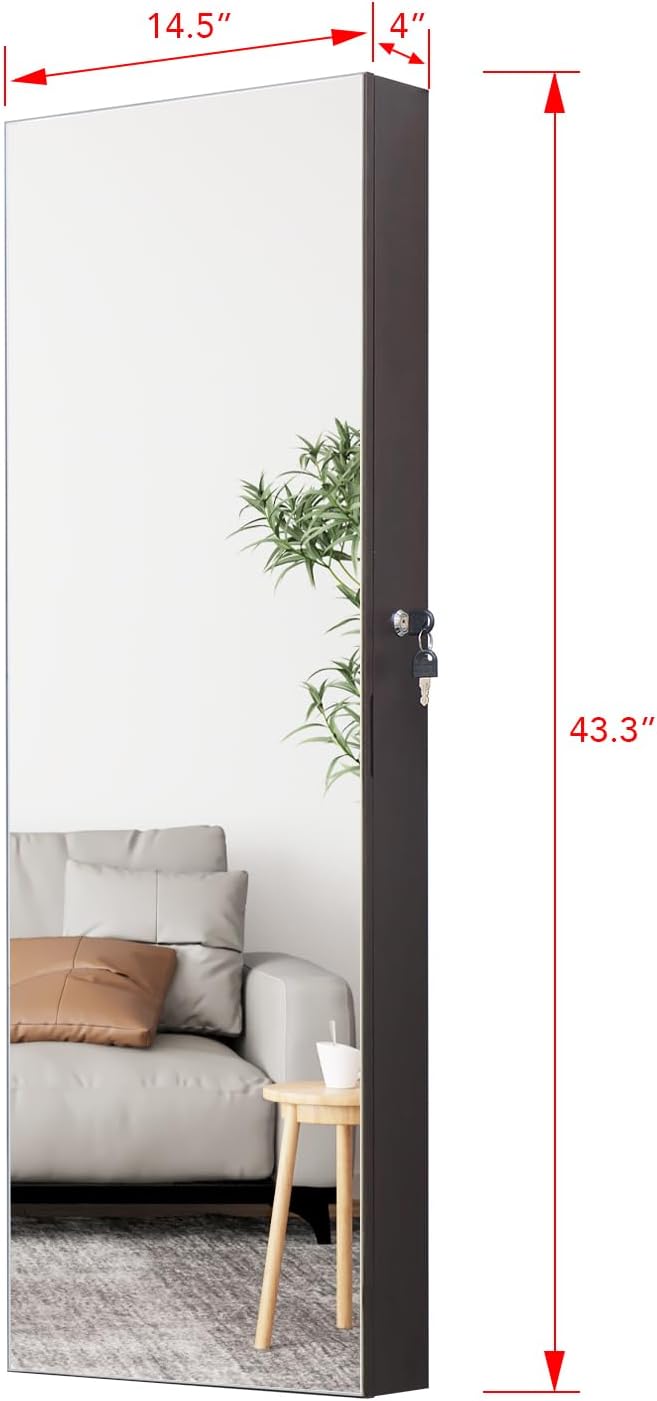 LED Jewelry Cabinet Armoire Organizer,Wall/Door Mount Jewelry Organizer and Storage with Full-Length Mirror Hanging Jewelry Organizer Full Length Mirror with Storage Large Capacity Brown