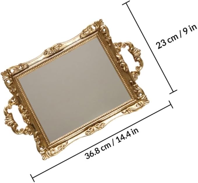 NUOBESTY Vintage Carved Mirror Tray Resin Decorative Plate Nordic Style Wedding Storage Tray Golden Retro Makeup Organizer for Bedroom Vanity Home Decor