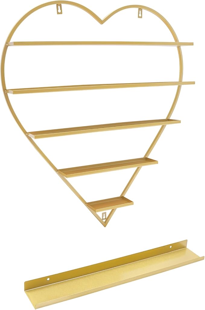 DaryaBrest Wall-Mounted Nail Rack - 5 Tier Metal Display Case (Heart-Shaped) Cosmetic Storage Shelves home Spa Shop (gold)