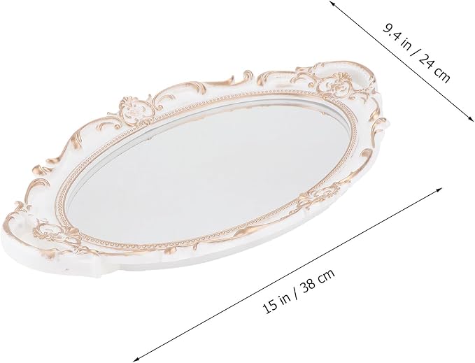 SEWACC Vintage Oval Mirror Tray Decorative Makeup Organizer Dresser Display Tray White Glass Surface for Vanity Table and Jewelry Storage
