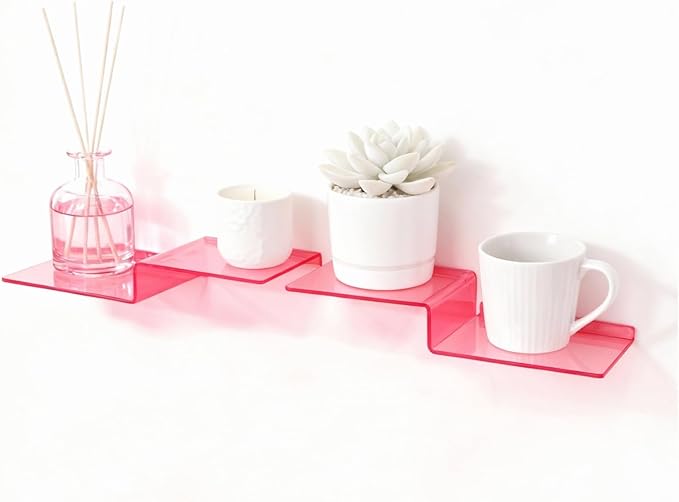 SetGame 2-Pack Acrylic Shelves Z-Shaped Display Stand Wall Mounted, 12 Inch Wall Storage Organizer for Toys, Books, Plants, Photos Album, Suit for Office, Living Room, Room Decor (Neon Pink)