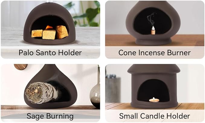 Palo Santo Holder, Sage and Palo Santo Stick Burner Holder, Chiminea Incense Holder, Handmade Ceramic Smudge Bowl, Ash Catcher with Mini Chimney, for Energy Cleansing, Yoga, Meditation Relaxation