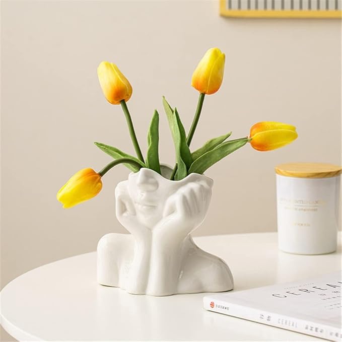 Face Vase – Small Human Body Art Vase in Resin,Women’s Head Shape for Flowers, Makeup Organizer & Desk Decor (White)