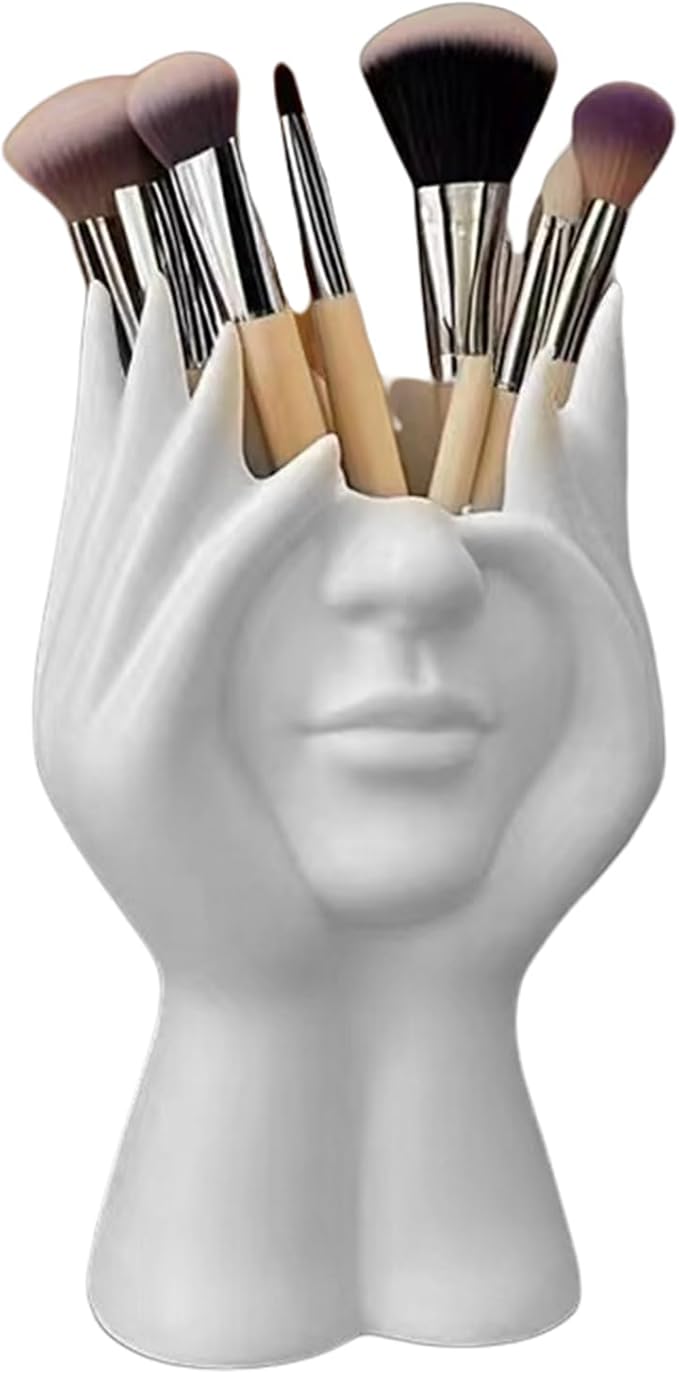 Women's Head Shape Boho Feminist Decoration Body Vase Head Vase Vintage Makeup Brush Holder Boho Makeup Organizer Rotating Makeup Organizer Idealized for Home Decor (white)