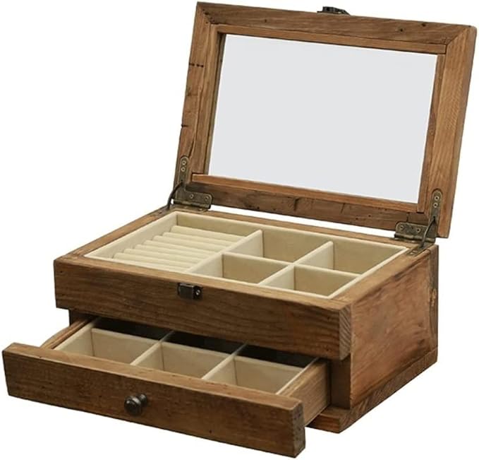 Makeup Organizer Jewelry Case Organizer Jewelry Storage Jewelry Box Solid Wood Retro Distressed Wooden Jewelry Organizer Box With Clear Lid Double-Layer Jewelry Case For Rings Jewelry Box Je