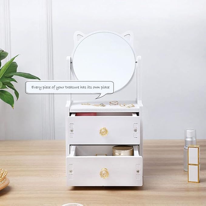 Cat Ear Vanity Mirror, Desktop Makeup Mirror with Drawer, Multipurpose Cosmetic Box, Plastic Cosmetic Storage Organizer for Home, Bedroom Supplies, White Country Brush Drawer