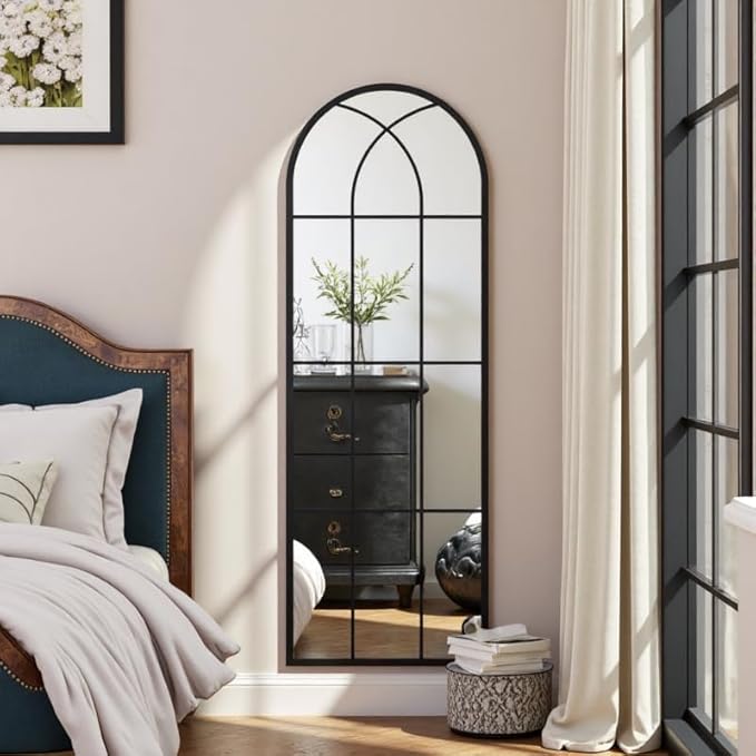 Rowjut Black Full Length & Floor Mirror 71" x 32" Window/Wall Decorative Mirrors, Iron Framed Window Pane Mirror, Arched Top Wall Mirror for Entryway Living Room, Bedroom, Fireplace (Black)
