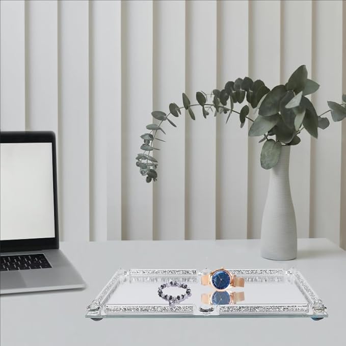 Large Crystal Perfume Tray, 15.7" x 11.8" Silver Glass Mirror Vanity Tray Noble Jewelry Trinket Display Tray for Desser Crushed Diamond Home Decor Cosmetics Makeup Organizer Serving Trays for Party