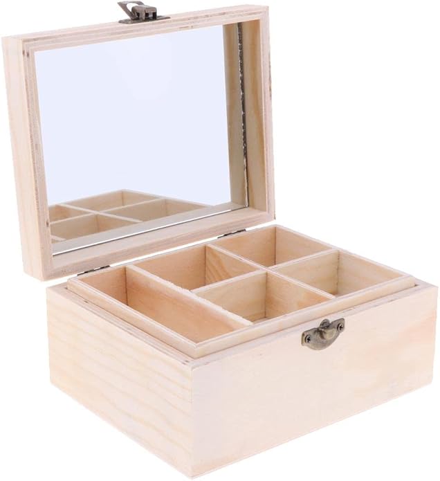 Mirrored Makeup Organizer Plain Wooden Storage Box Wood Jewelry Case Display