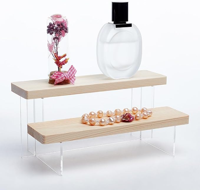NBEADS 2-Tier Wooden Display Riser Shelf, Antique White Tabletop Small Food Stand Risers Acrylic Display Makeup Step Perfume Organizer for Cosmetics Figure Collection 3.46x7.87x4.33inch