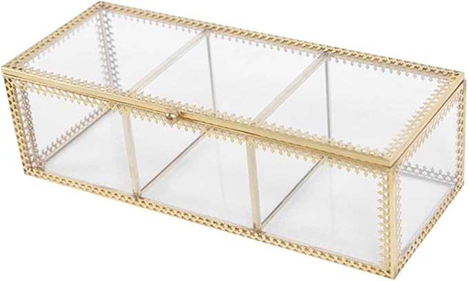 Jewelry Box with Glass Lid and Metal Frame Vanity Organizer for Makeup Rings Earrings Necklaces Bracelets Watches and Small Accessories Dustproof Storage for Bathroom Desk