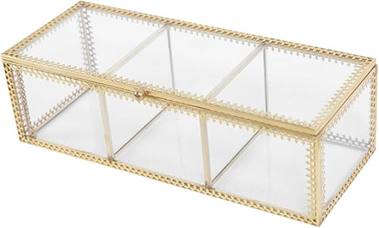 Jewelry Box with Glass Lid and Metal Frame Vanity Organizer for Makeup Rings Earrings Necklaces Bracelets Watches and Small Accessories Dustproof Storage for Bathroom Desk