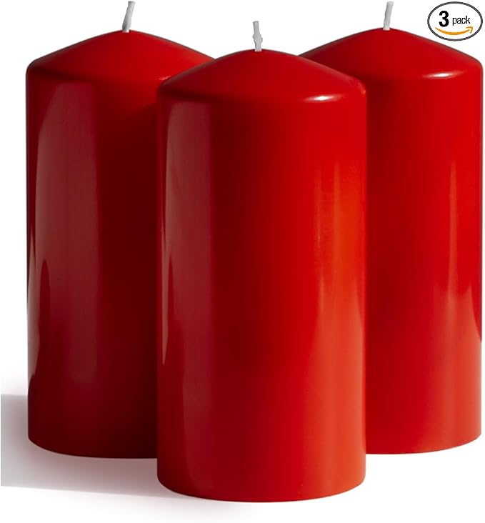CANDWAX 3x6 Inch Red Pillar Candles Set of 3 - Unscented Christmas Pillars - 80-Hour Burn Time Self-Extinguishing Long Lasting Cone-Top Red Candles for Home Decor