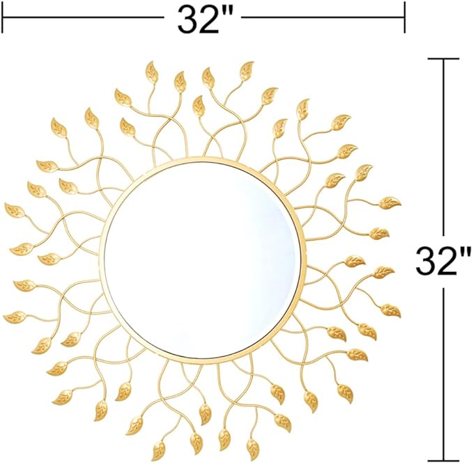 Chende 32" x 32" Large Mirror for Living Room Decor, Round Wall Mirror with Metal Leaves, Beveled Decorative Mirror for Entryway, Dining Room, Bedroom