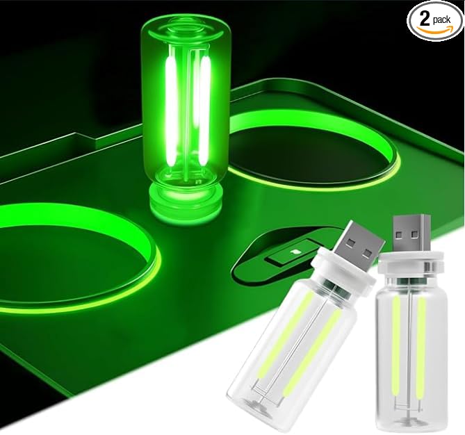 2 PCS Car USB Light Bulbs, Retro Glass Bottle LED Night Lamp with Touch Dimmable Control, Portable Interior Ambient Lighting for Vehicle, Bedroom, Hallway, Gift for Christmas or Birthday,Green