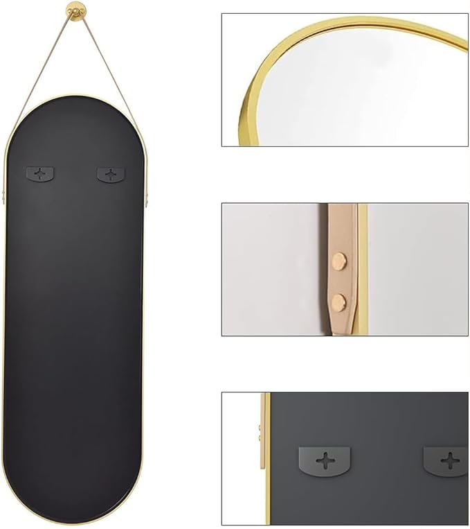 OGCAU 48'' x 16'' Full Length Mirror Wall-Mounted, Full Body Hanging Mirror for Wall and Door in Bedroom, Living Room, Oval with Straps, Hanging with Aluminum Alloy Frame (Oval Gold)