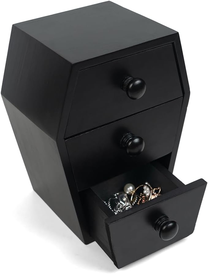 Gothic Coffin Jewelry Organizer -Coffin Vanity Boxes 3-Drawer Spooky Dark Aesthetic Vanity Box, Solid Wooden Black Storage with Compartments for Rings Necklaces Earrings