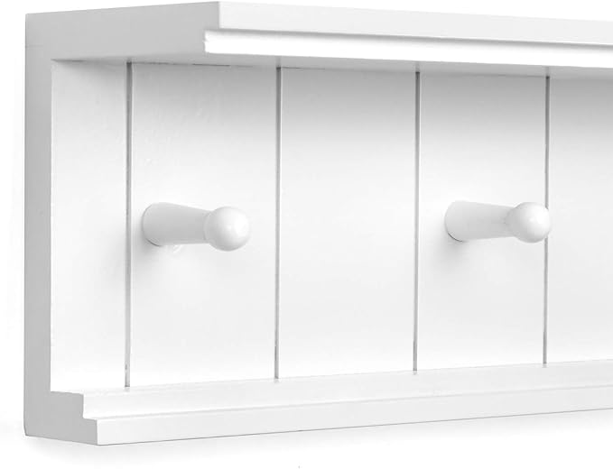 Greenco Entryway Wall Mounted Floating Shelf with Wooden Peg Style Hooks, Hat and Coat Hanging Storage Shelf, 24” – White