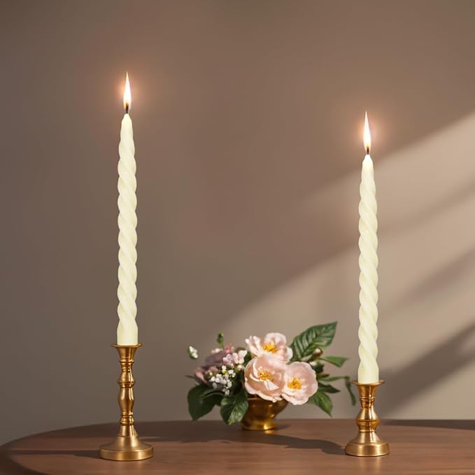 Natural Beeswax Spiral Taper Candles Pack of 6, Organic Dripless Long Candle Sticks for Dinner Wedding Party Christmas Home Decorations - 10 Inch Tall - Off White