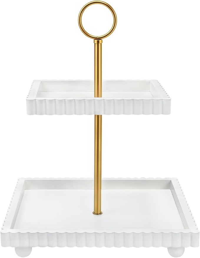 Wooden Two Tiered Tray Stand for Decor, Modern 2 Tier White Rectangular Decorative Tray with Gold Handle Farmhouse Countertop Serving Display Stand for Home Kitchen Coffee Bar Table Centerpiece