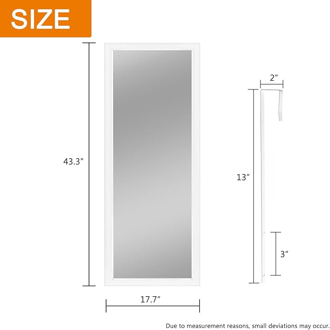 NeuType 43"x18" Over The Door Full Length Mirror, Door Wall Mirror, Wall Mount Over The Door Hanging Mirror with 2 Metal Hangers for Wall Bedroom, Bathroom, Living Room, Home Decoration (White)