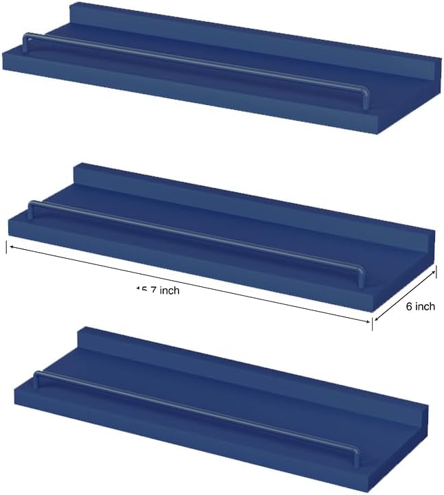 RYOFOBETTO Floating Shelves, Bathroom Decor Shelves Over Toilet, Farmhouse Wall Shelves for Living Room, Bedroom, Picture Frames, Plants, Kitchen, Set of 3 (Dark Blue)