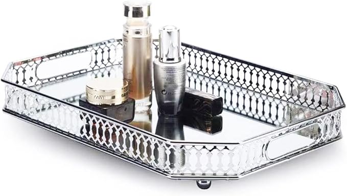 Perfume Vanity Mirror Tray - Durable Decorative Organizer for Dresser, Bedroom, Bathroom Countertops - Spacious 13.8x9.6x2.2 Inches, Scratch-Resistant - Silver