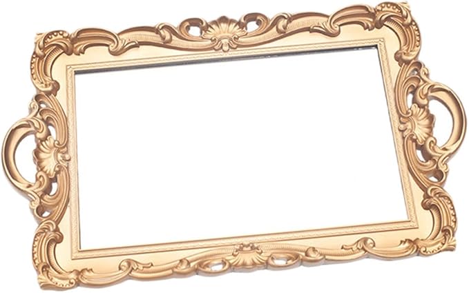 ULTECHNOVO Retro European Mirror Plate Makeup Tray, Golden Rectangular Plastic Cosmetic Storage Organizer for Vanity and Home Décor