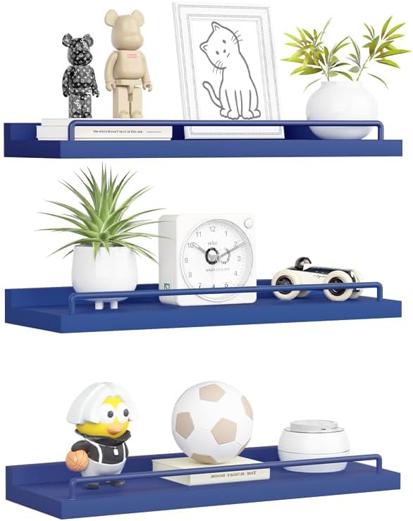 RYOFOBETTO Floating Shelves, Bathroom Decor Shelves Over Toilet, Farmhouse Wall Shelves for Living Room, Bedroom, Picture Frames, Plants, Kitchen, Set of 3 (Dark Blue)