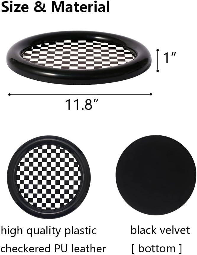 Ciandid Checkered Decorative Tray, Retro Jewelry Tray Dresser Tray for Makeup Perfume Organizer, Aromatherapy Reed Diffuser Tray Vanity Tray for Bathroom(Black)