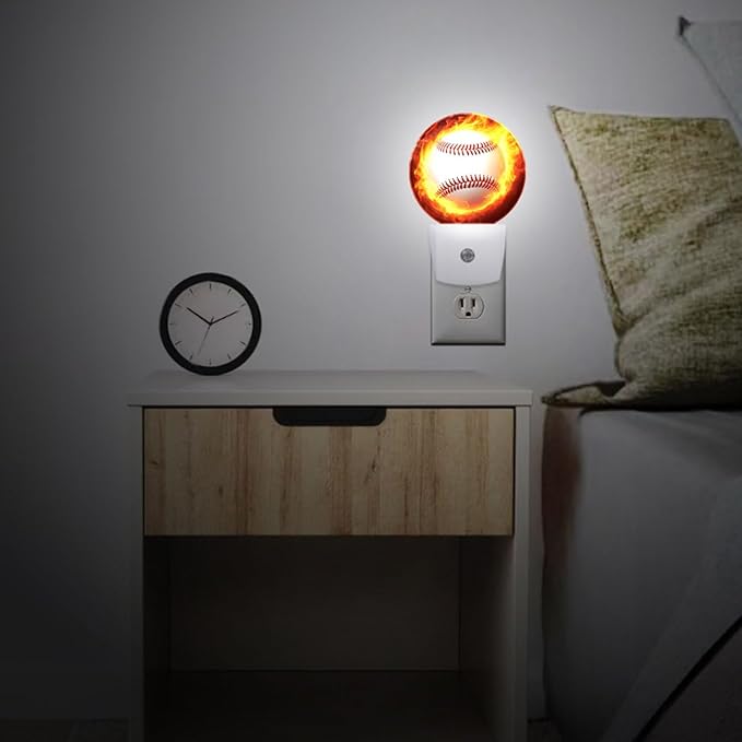 Baseball Fire Night Light Plug Into Wall Auto Led Sleep Round Lamp for Living Room Hallway Stairs