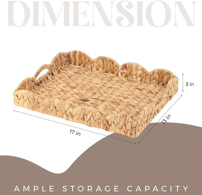 Scalloped Water Hyacinth Tray, Hand-Woven Wicker Storage Baskets with Scalloped Edge and Handles (17x13x3in) Rectangular Handwoven Trays, Water Hyacinth Basket for with Built-in Handles (Light Brown)