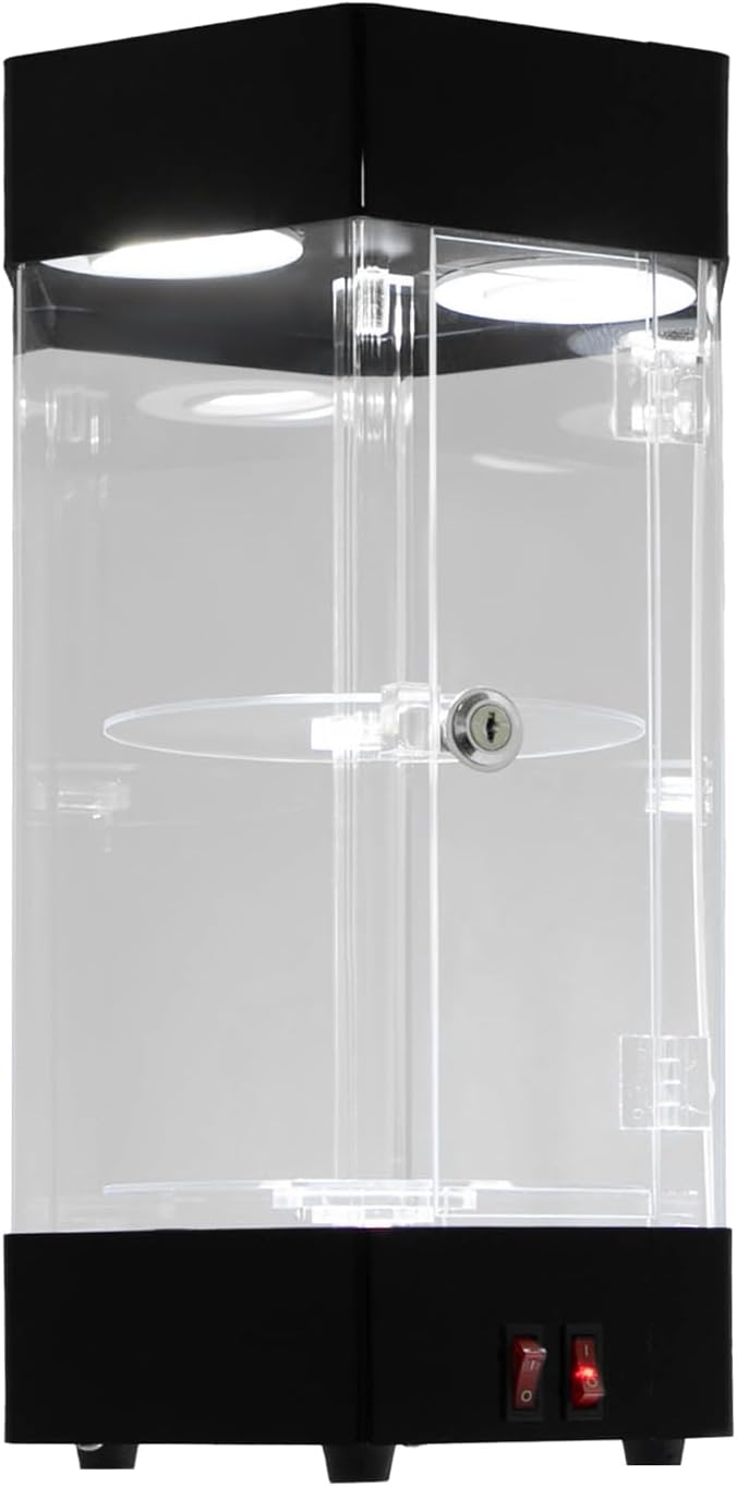 Electric Rotating Display Case, 2-Tier Acrylic, Clear Spinning Cabinet, LED Lights, Lock, Cosmetics, Figurines, Jewelry