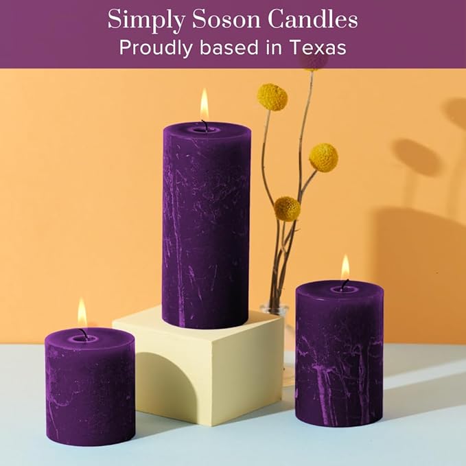 Simply Soson Purple Plum Rustic Texture Pillar Candles 3x4 inch - Set of 3 - Unscented Decorative Purple Candles, No drip Candle, Ideal as Large Candle for Home Decor, Weddings, Holidays