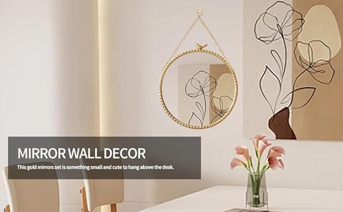 9.8 Inch Small Vintage Gold Round Wall Mirror with Sparrow Design-Iron Framed Mirror for Bathroom, Bedroom Or Dressing Room-Small Wall Mounted Mirror with Metal Bead Accents