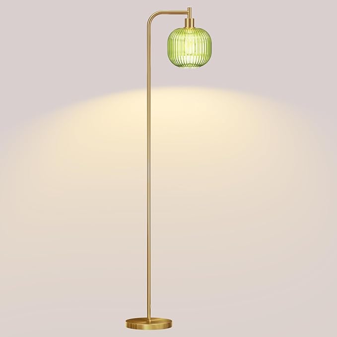 Mid Century Modern Floor Lamp, 67" Tall Standing Lamp with Transparent Green Glass Shade, Vintage Gold Floor Lamp for Living Room Bedroom, Stable 6.2lbs Weighted Base, ST64 LED Bulb Included