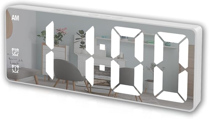 Small Digital Alarm Clock, Mirror Surface LED Electronic Clocks with Large Display, Adjustable Brightness and Snooze Model for Bedroom, Desk, Office, White Digit