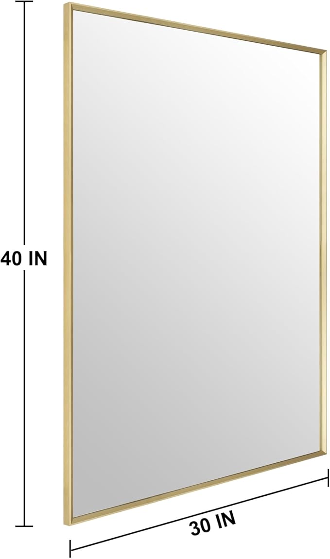 Bathroom Mirror for Wall, 30x40 Inch Metal Framed Mirror, Brushed Gold Rectangle Mirror, Bathroom Vanity Mirror Farmhouse, Tempered Glass, Anti-Rust, Hangs Horizontally or Vertically