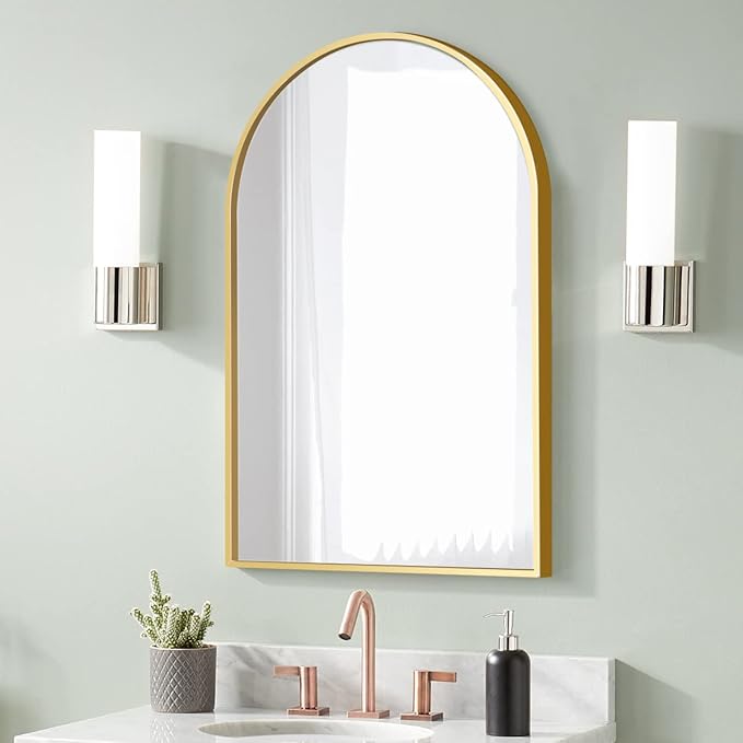 Arched Wall Mirror, Gold Decorative Hanging Mirror, 30"x20" Vanity Mirror Brushed Aluminum Alloy Frame for Bathroom, Bedroom, Living Room, Entryway, Hang Vertical or Horizontal