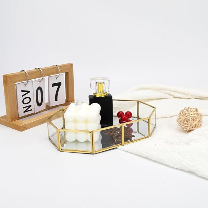 Mirror Glass Vanity Tray, Octagonal Gold Ornate Makeup Perfume Tray, Vintage Style Jewelry and Trinket Organizer for Dresser, Bathroom Storage Decor