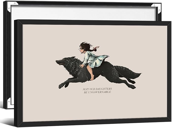 Modern Inspirational Quotes Posters May Our Daughters Be Ungovernable Wall Art 24X36 inch Black Framed Girl Riding Big Wolf Painting Feminist Positive Affirmations Wall Decor
