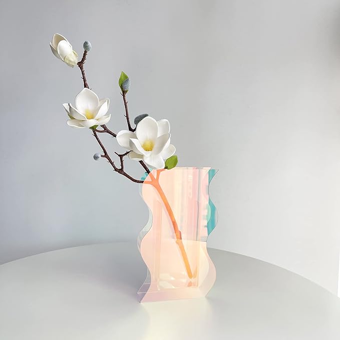 Smartmak Iridescent Acrylic Vase, Rainbow Colored Clear Modern Design Vases Home Décor, Colorful Wedding Decorations, for Artificial Flower, Office, Tabletop, Make Up Brushes Organizer Holder- M