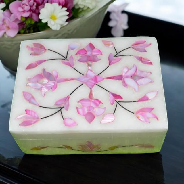 Marble Inlay Jewelry Box 4x3inch Floral Mother of Pearl Inlay Handmade Makeup Organizer Trinket Box - Alabaster Shiny Decorative Marble Ring Box Inlay Art Unique Art Great Birthday Gift, Women Gift