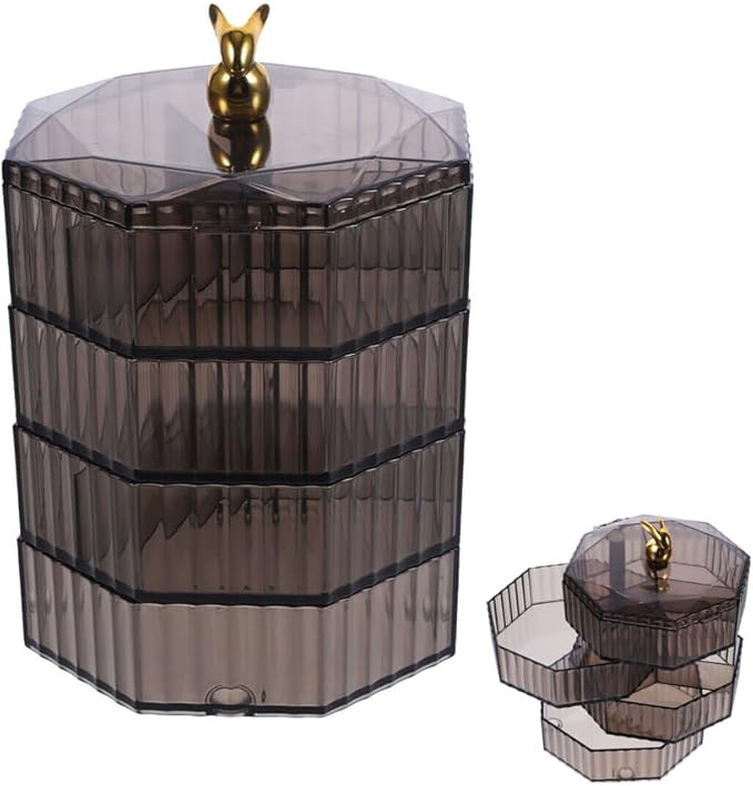 ELEFOCUS 360 Degree Transparent Rotating Jewelry Organizer,Multi-Layer Jewelry Storage Box,Acrylic Jewelry Organizer With Handle,Makeup Table Compartment Multipurpose Jewelry Box (Gray)